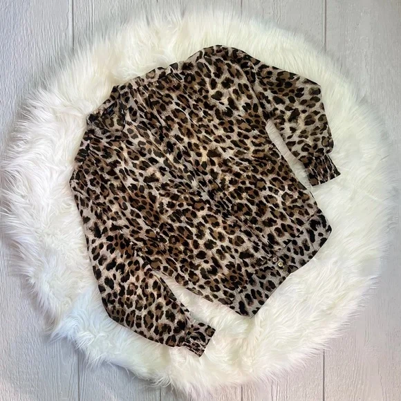 EUC [Guess] Sheer Leopard Top | Smocked Button Down Shirt Cheetah Blouse | Small - Picture 3 of 14